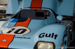 Vintage race car with Gulf branding.